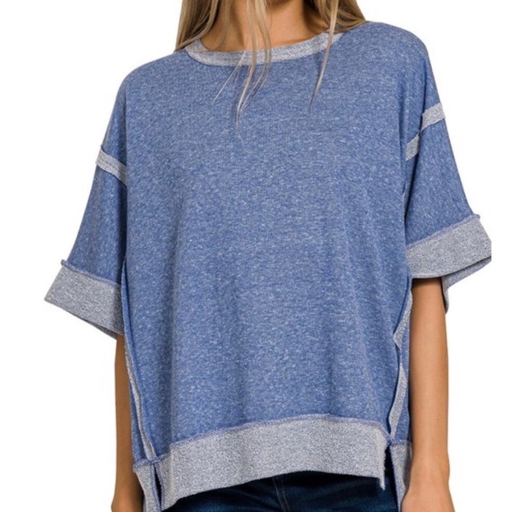 NEW! Zenana Contrast Trim Top-Stitching Drop Shoulder Light Navy Boutique Top S - Picture 4 of 4